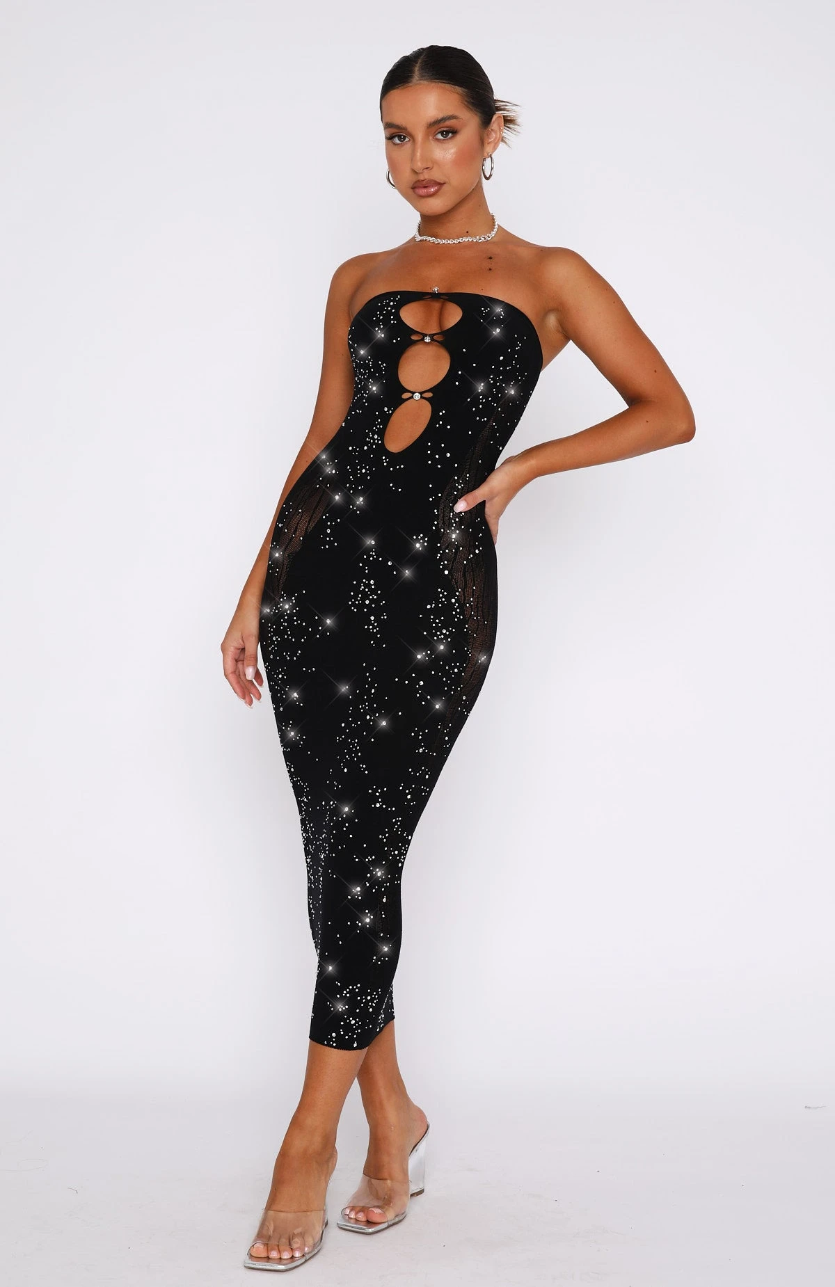 Main Character Strapless Diamante Midi Dress Black 2 Main Character Strapless Diamante Midi Dress Black - Image 2